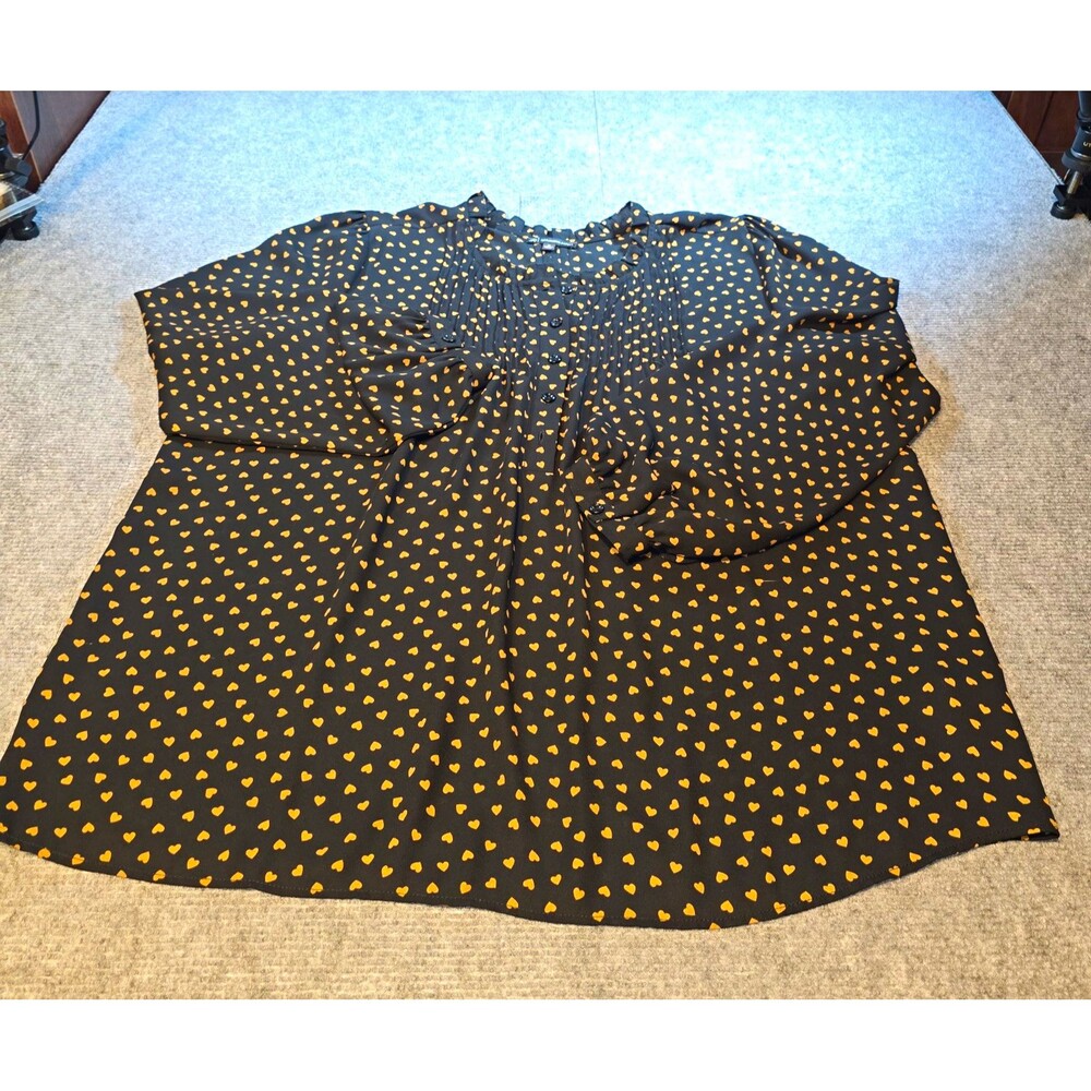 Adrianna Papell Women’s XL Black Gold Heart Chiffon Sheer Button Blouse